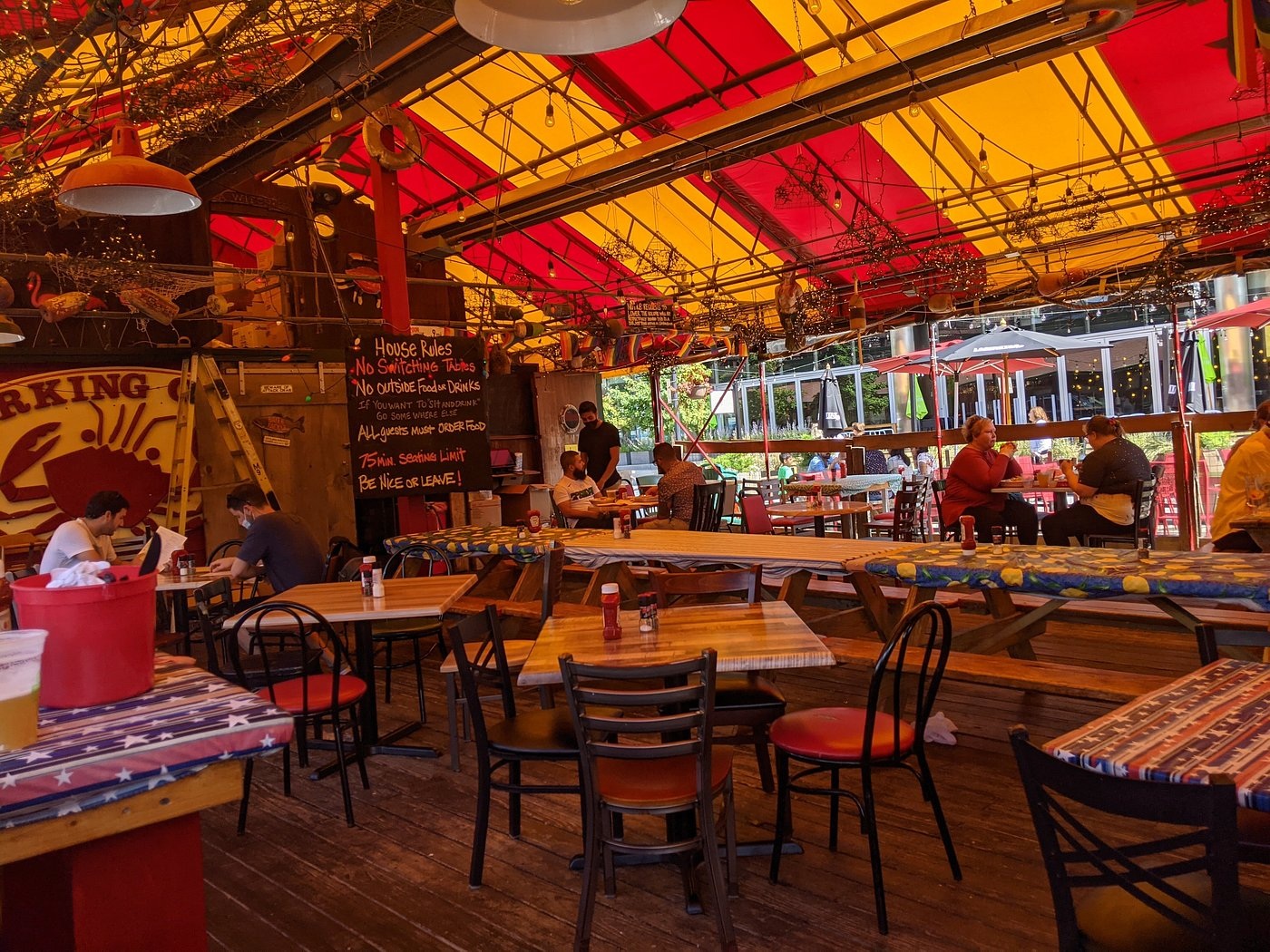 The casual dining area at the Barking Crab beside Fort Point Channel