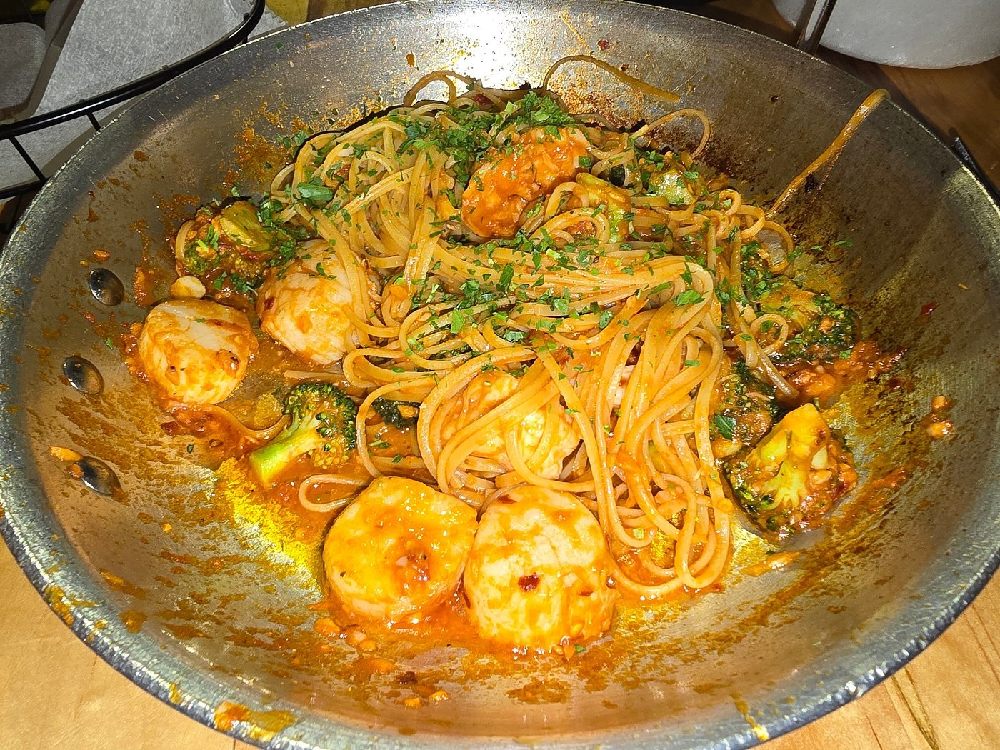 Linguine with shrimp, scallops, and broccoli photographed at The Daily Catch Waterfront
