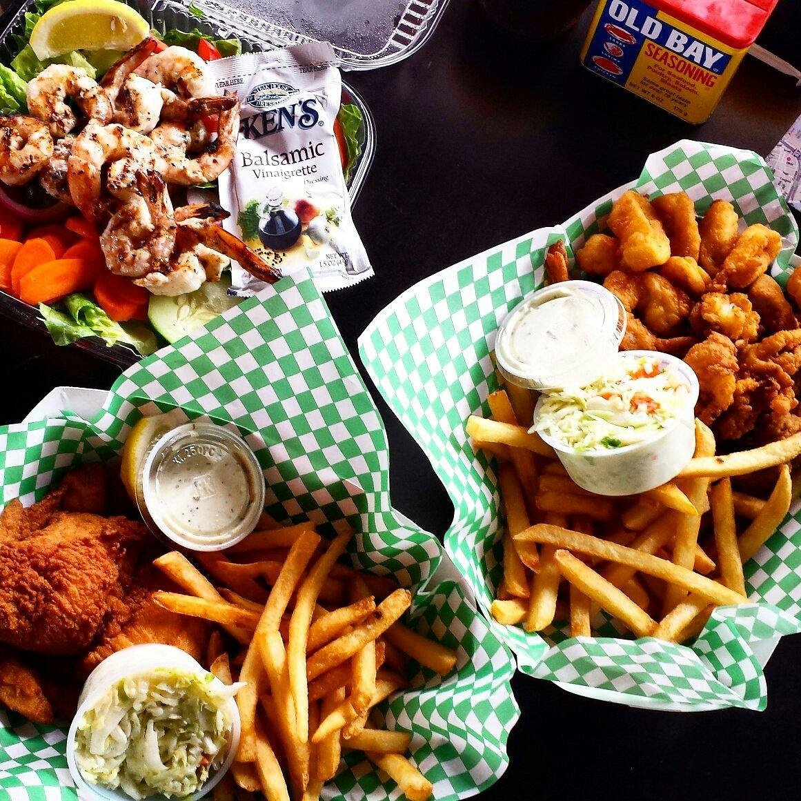 Fried seafood baskets and shrimp salad at Yankee Lobster