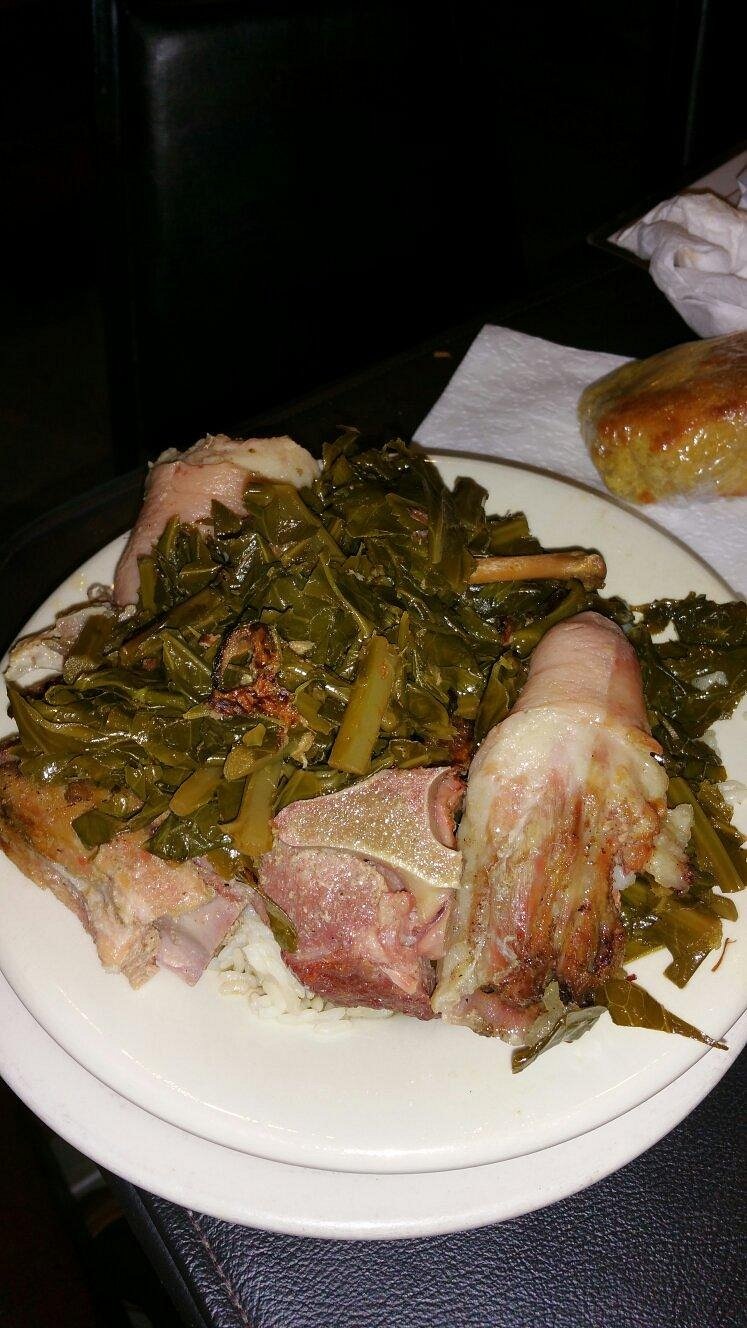 A past collard-green plate with meat at Hannibal’s Kitchen