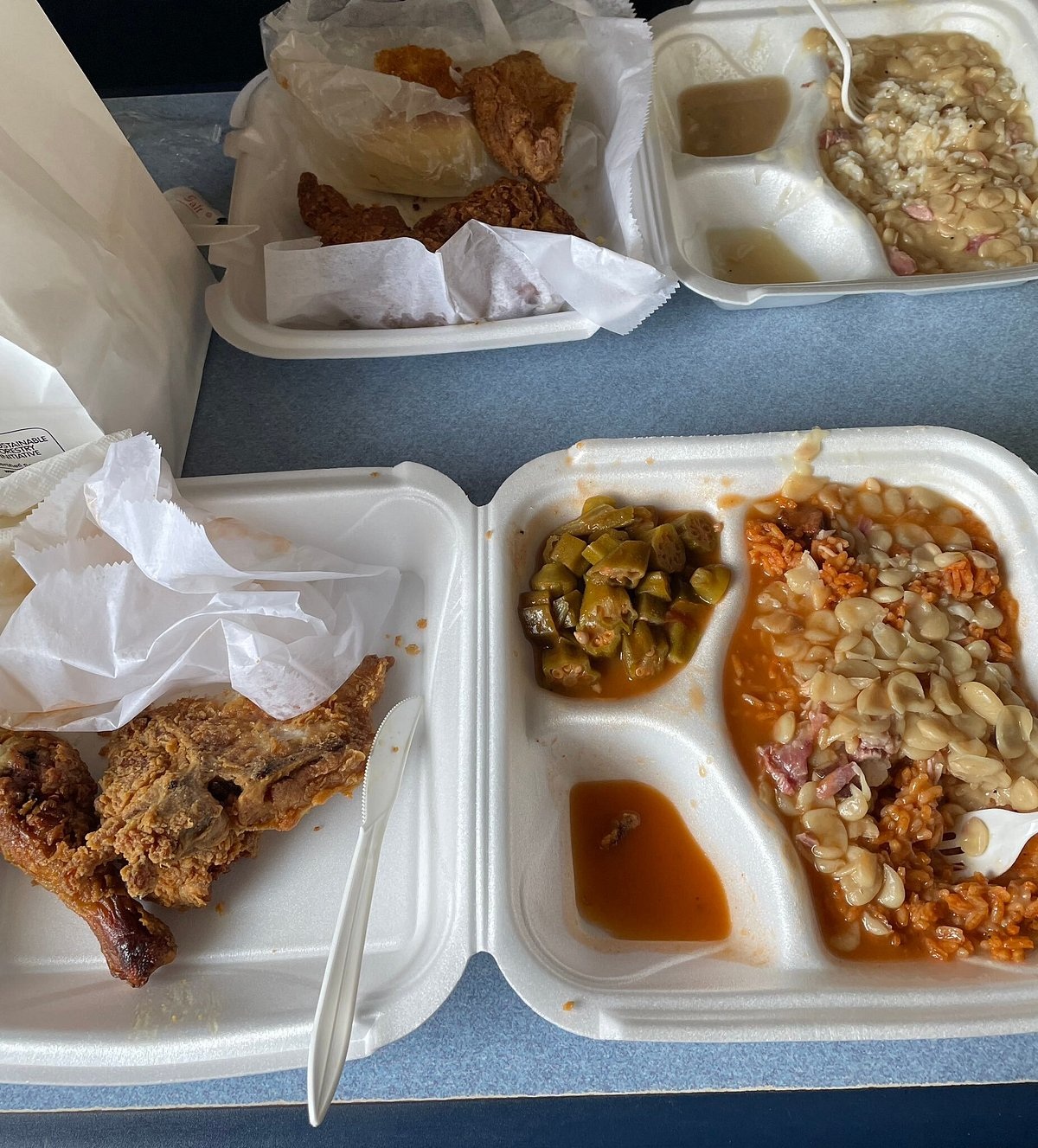 A shared meal including okra soup at Bertha’s Kitchen
