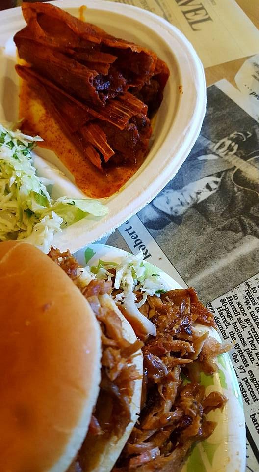 Abe’s pork barbecue sandwich, slaw, and wrapped tamales