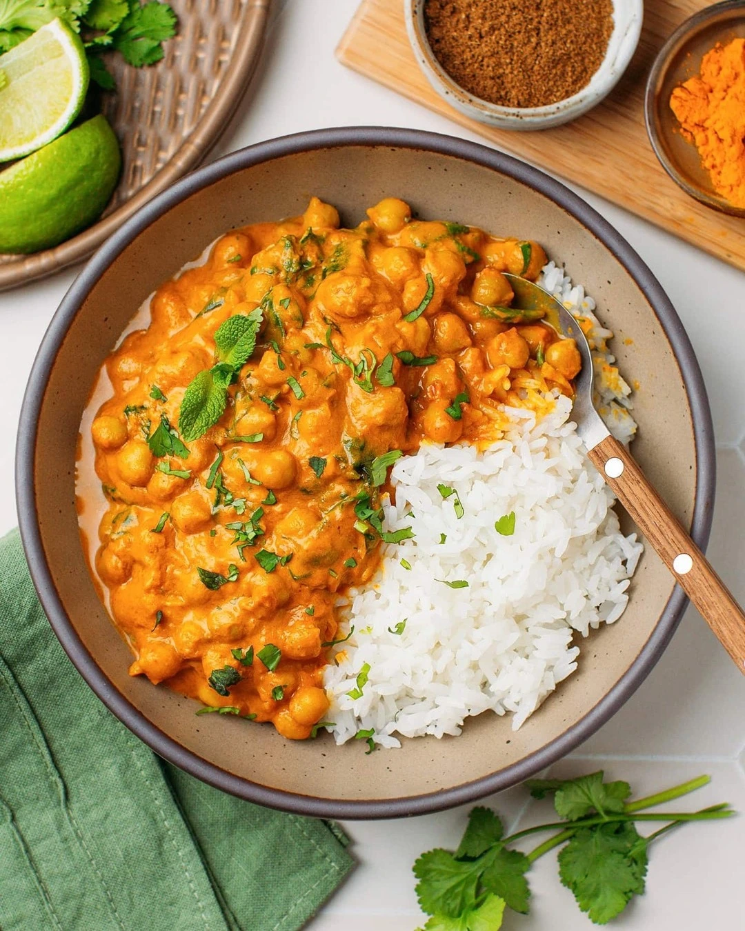 Coconut chickpea curry with white rice, herbs and lime
