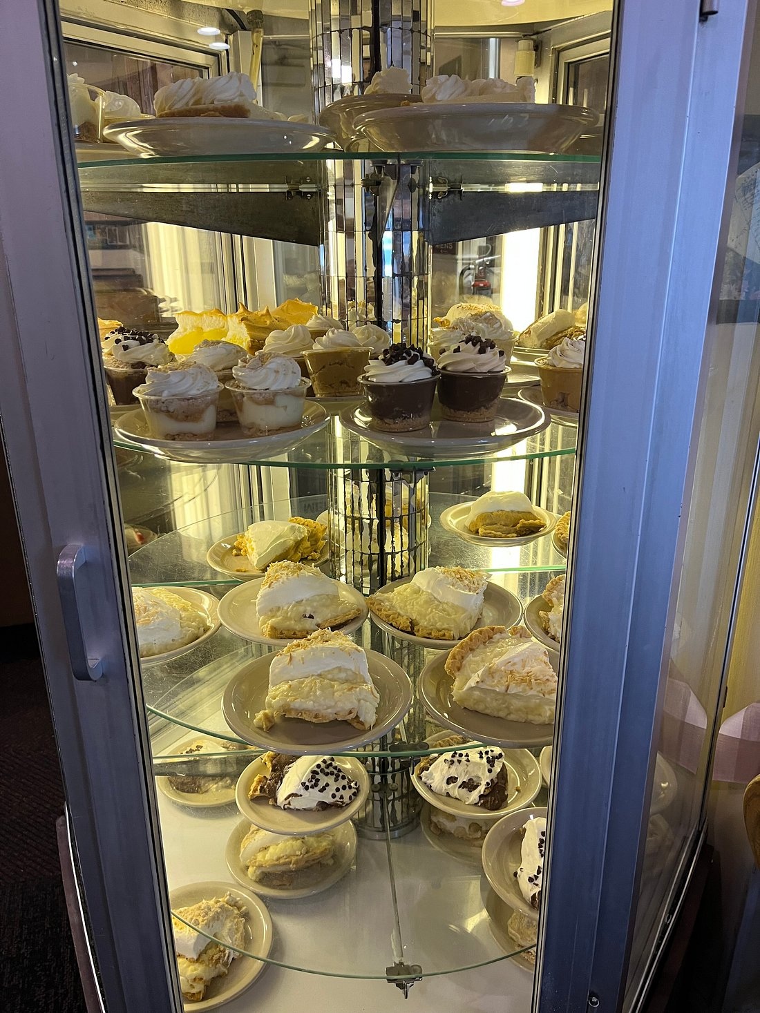 Yoder’s Restaurant dessert carousel with a selection of pies