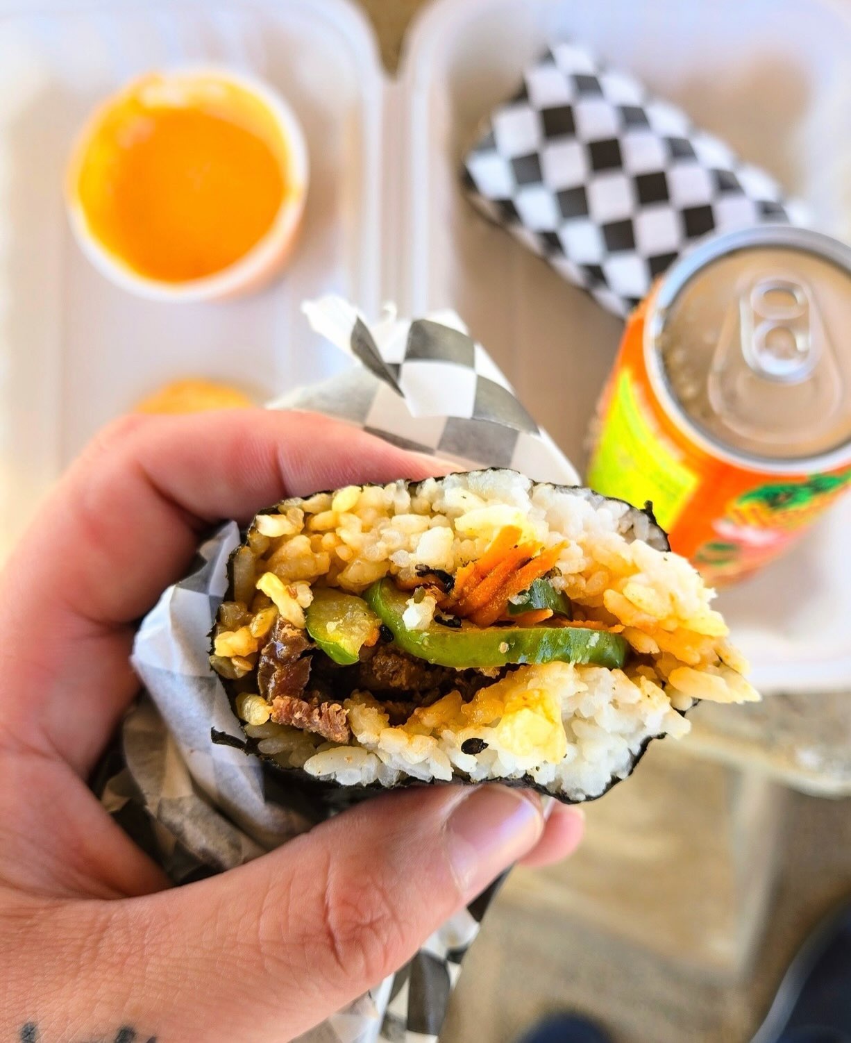 Da Bomb musubi at The Musubi Truck, filled with beef and vegetables