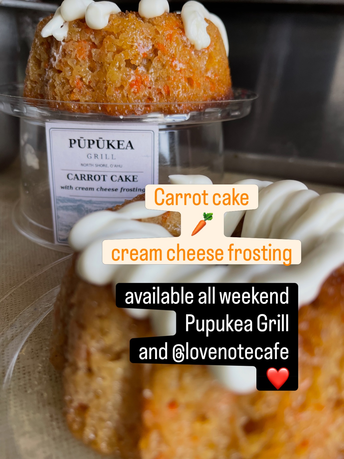 Pupukea Grill carrot cakes with cream cheese frosting, shown in a past special post