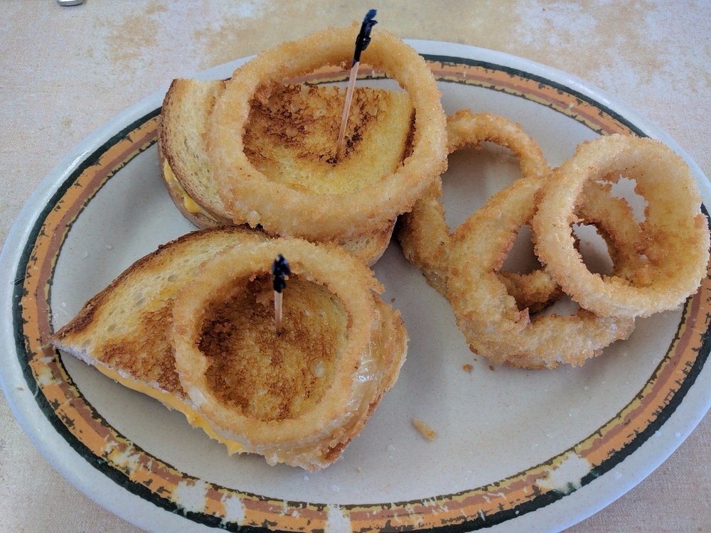 Grilled cheese and onion rings at Emma Jean’s Holland Burger Cafe