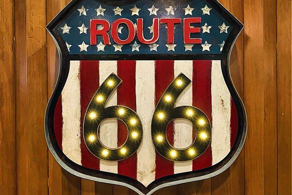 A Route 66 shield display at Lou Mitchell’s
