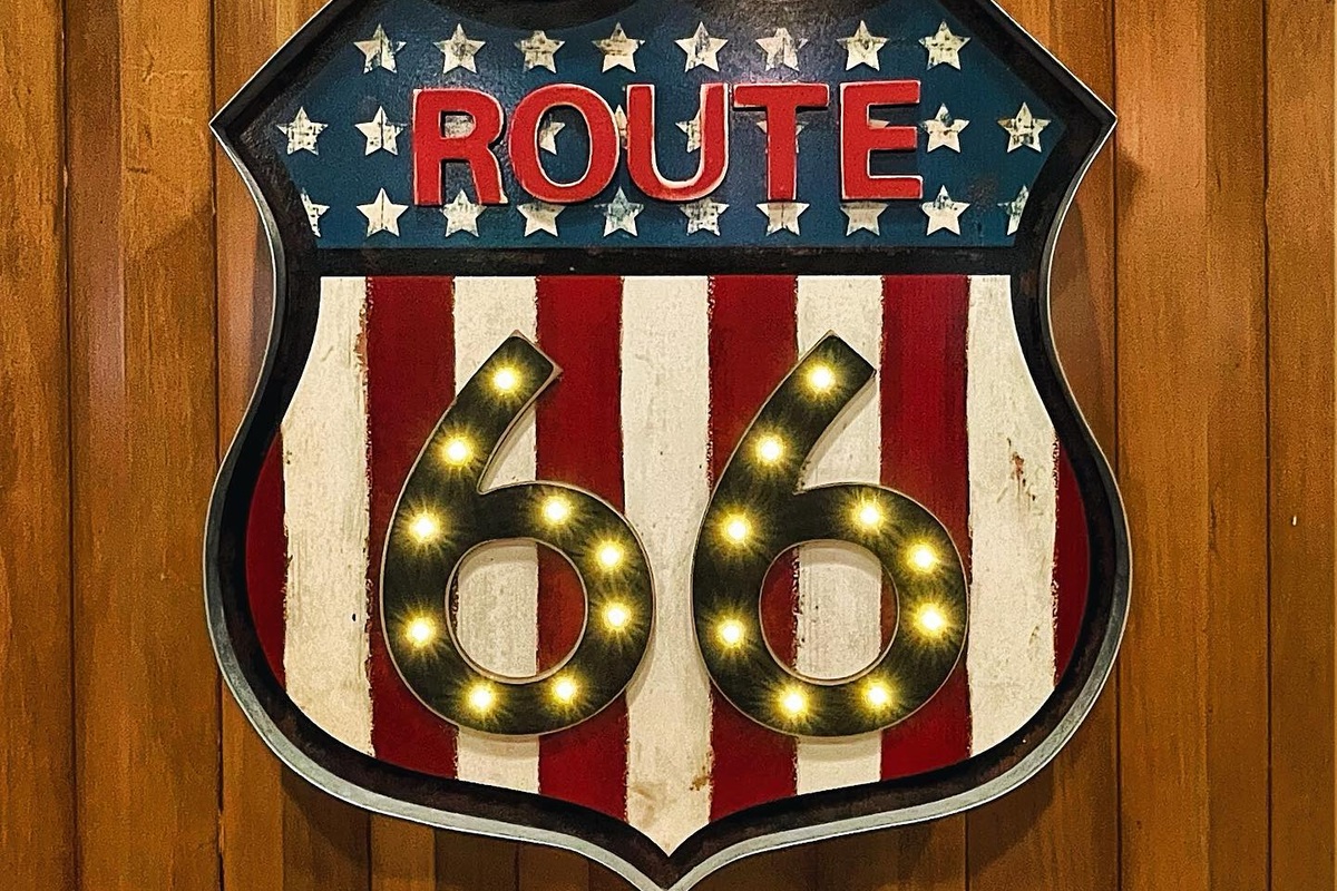 A Route 66 shield display at Lou Mitchell’s