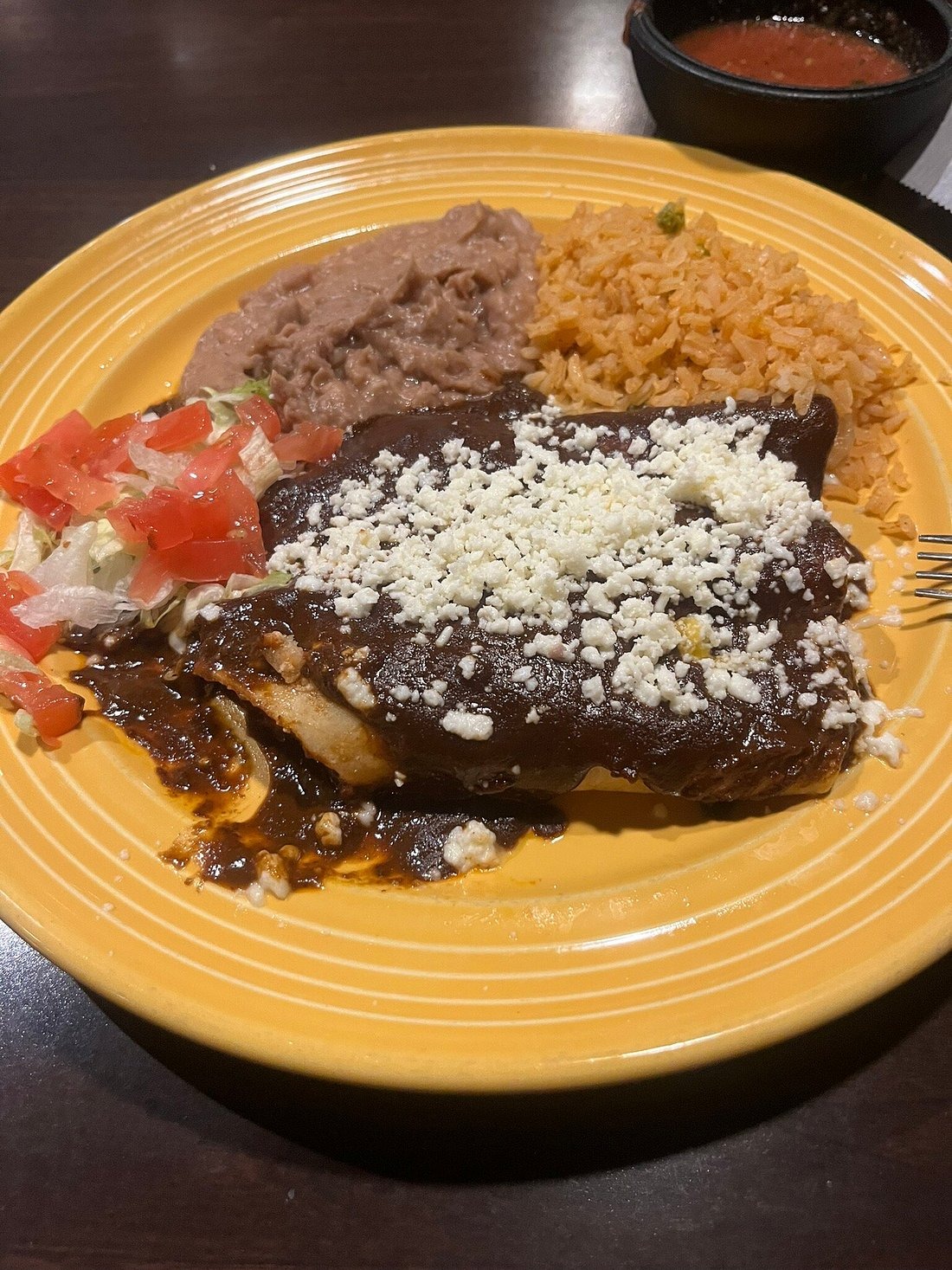 Chicken enchiladas with mole, rice and beans at Las Palapas on Austin Highway
