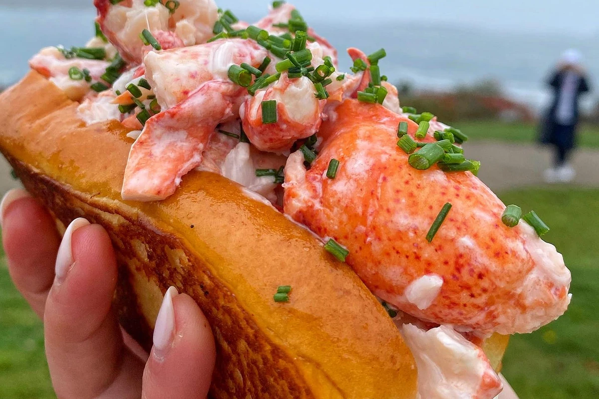 Maine lobster roll from Bite Into Maine beside the coast