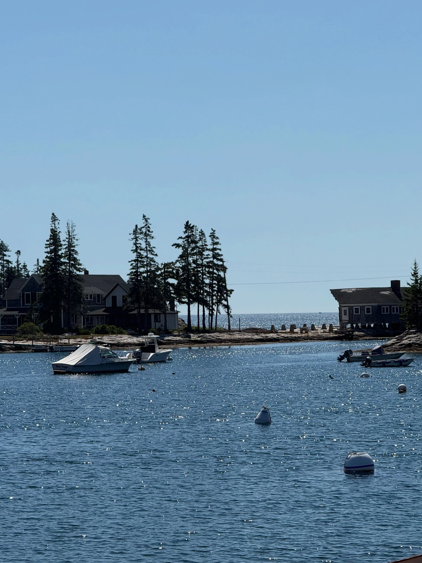 Fishing boats and island houses in the harbor at Five Islands, Georgetown