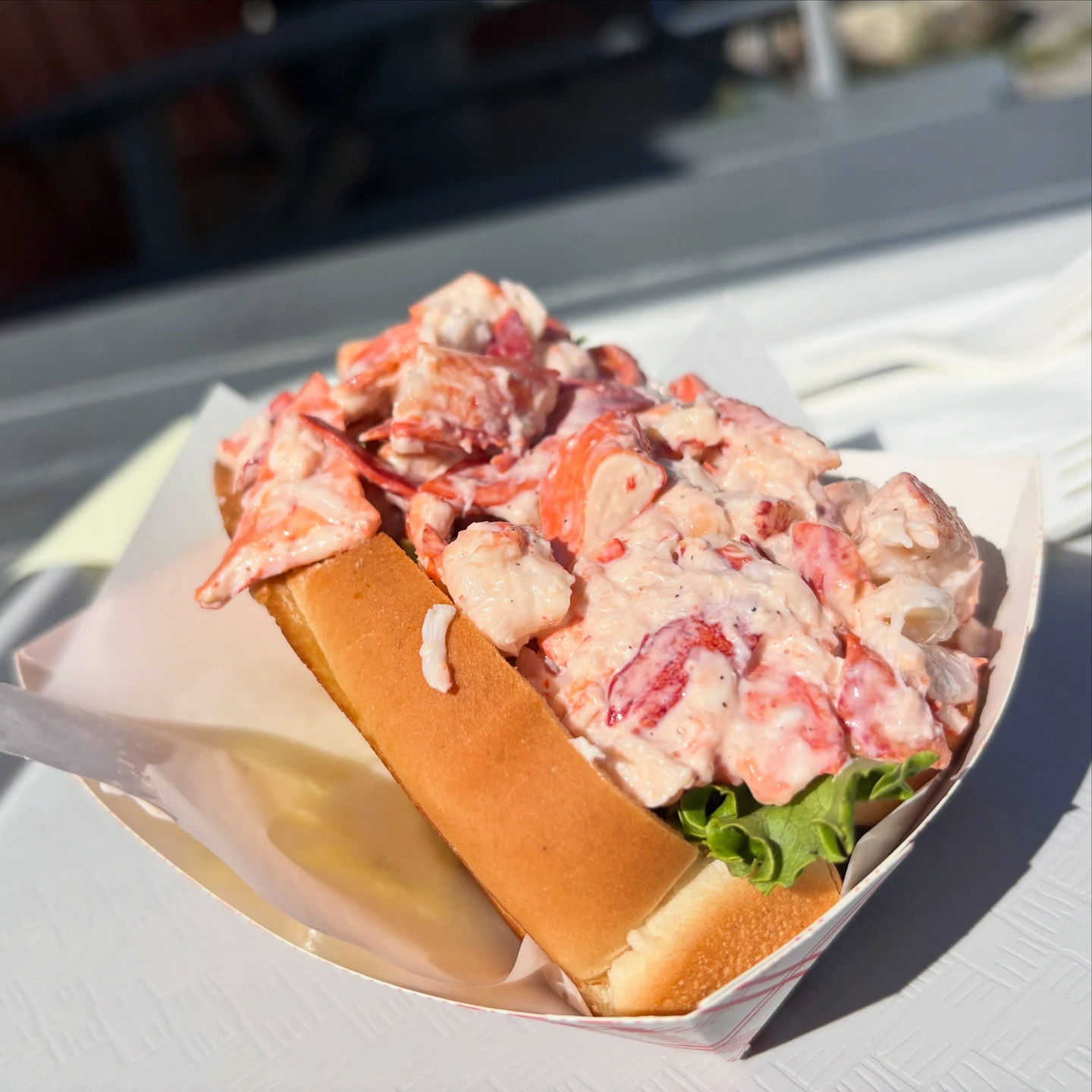 Lobster roll served on lettuce at Harraseeket Lunch and Lobster in South Freeport
