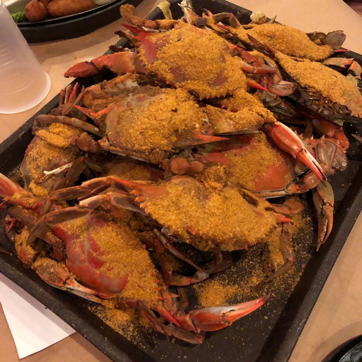 A tray of seasoned whole crabs at Cantler’s Riverside Inn