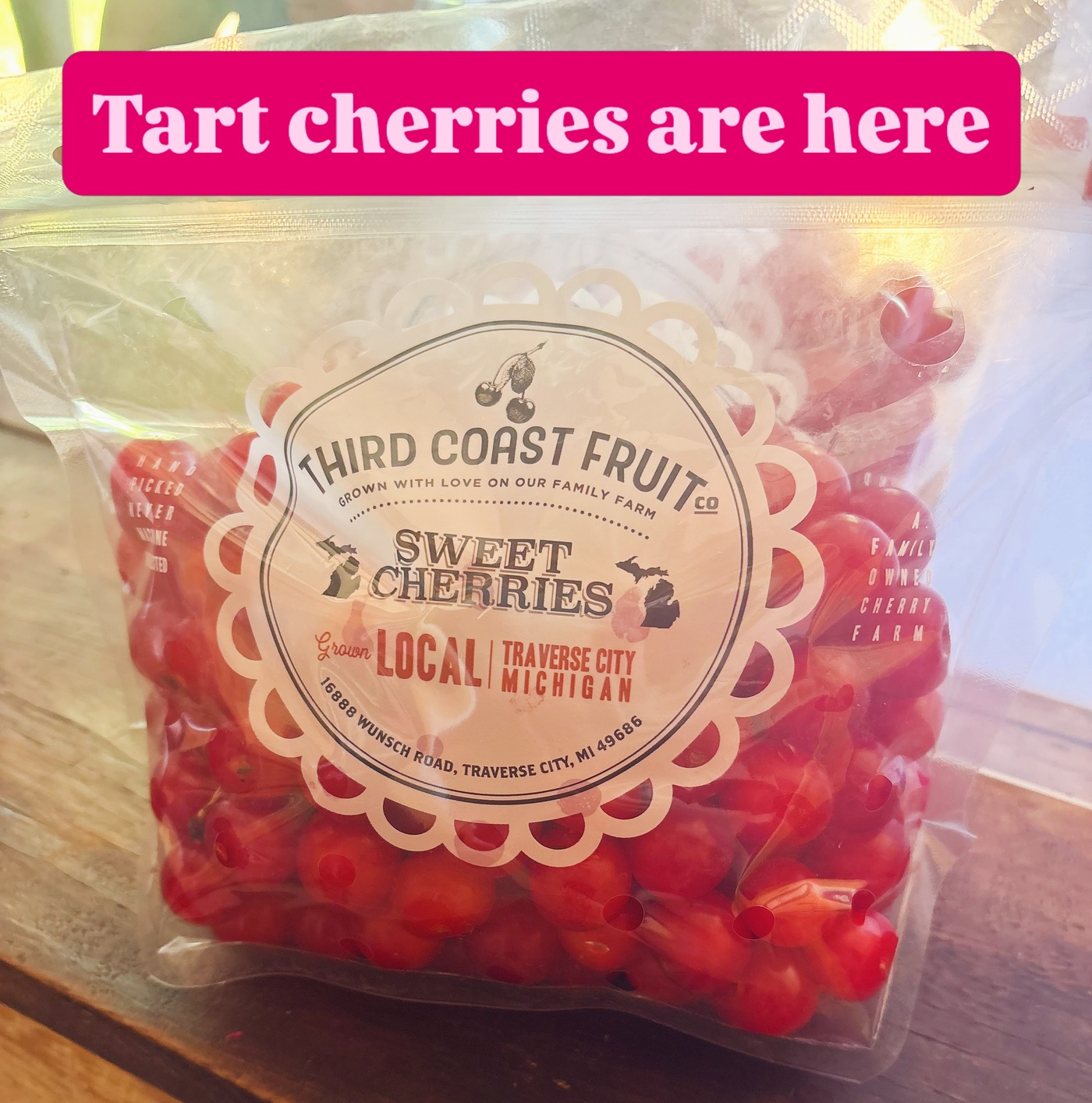 Bagged tart cherries in the July harvest post from Third Coast Fruit Co.