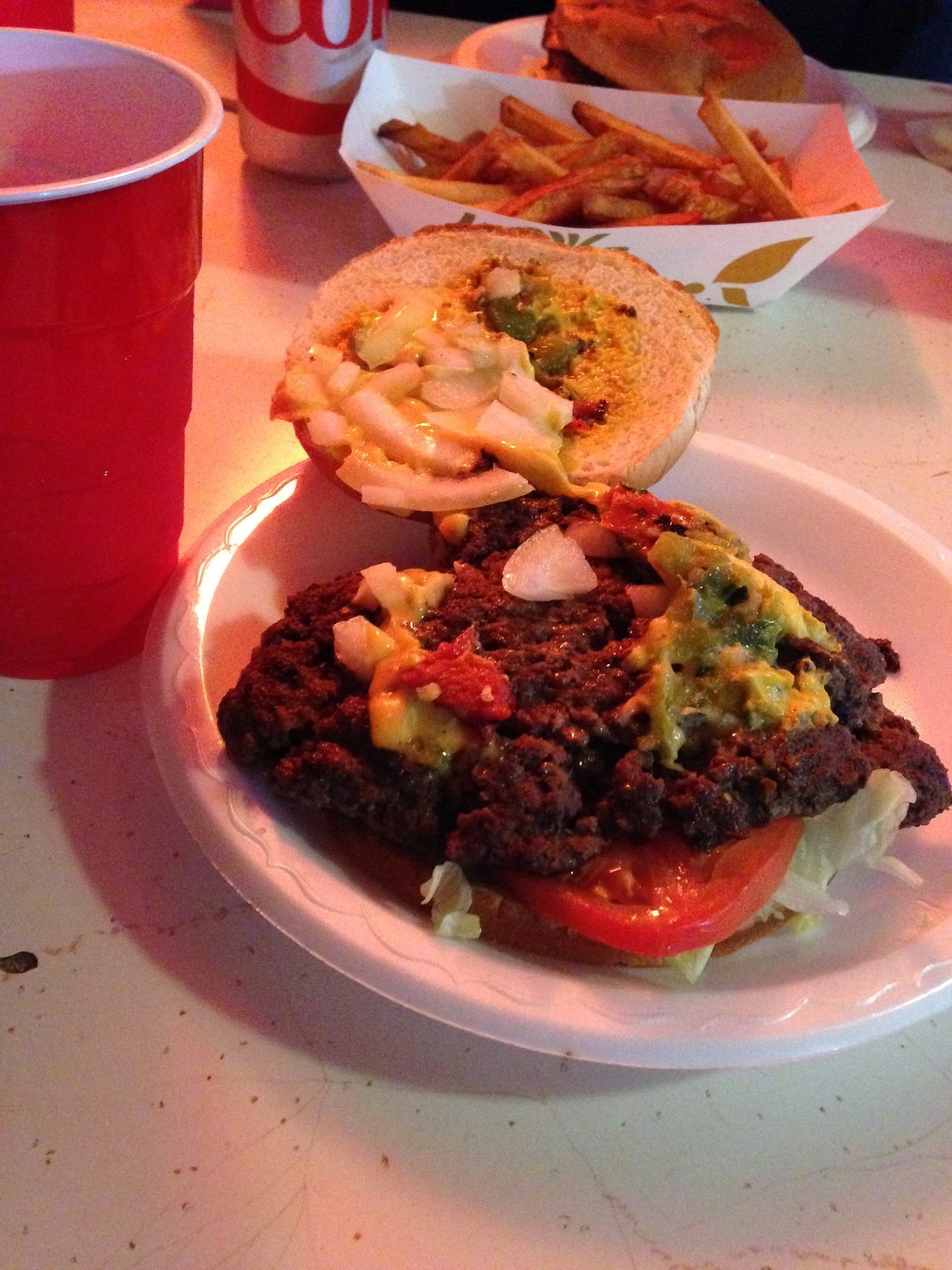 Green chile Buckhorn burger served with fries
