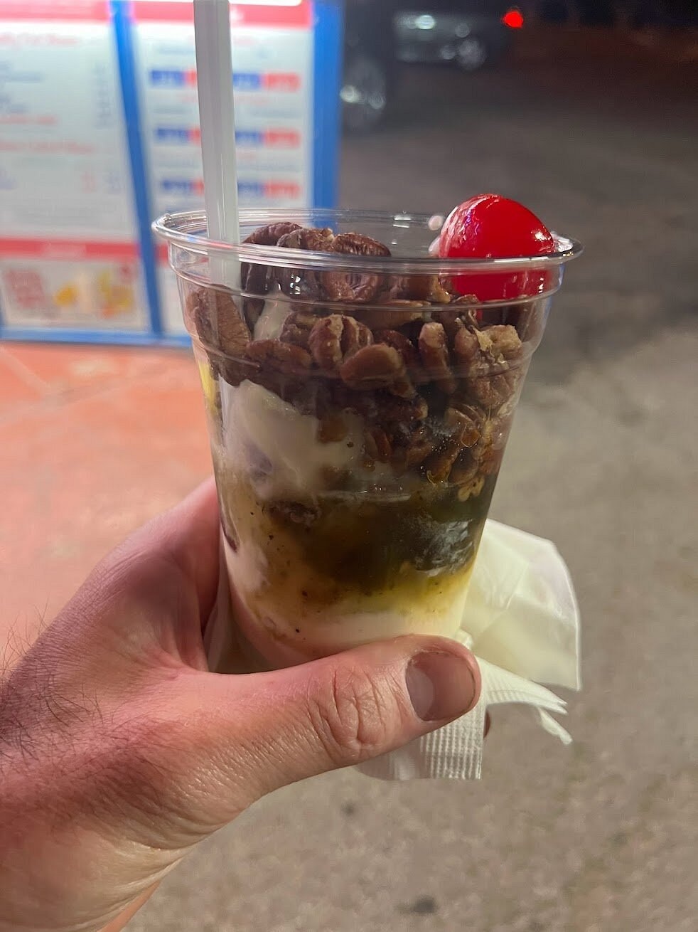 Green chile frozen custard sundae with salted pecans at Caliche’s