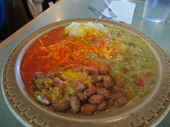 Huevos rancheros with red and green chile at Duran Central Pharmacy
