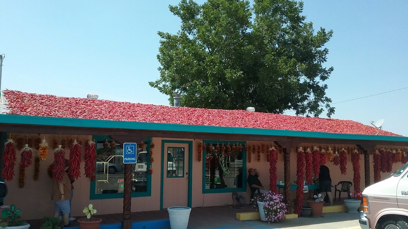 Hatch Chile Express storefront with chile drying on the roof
