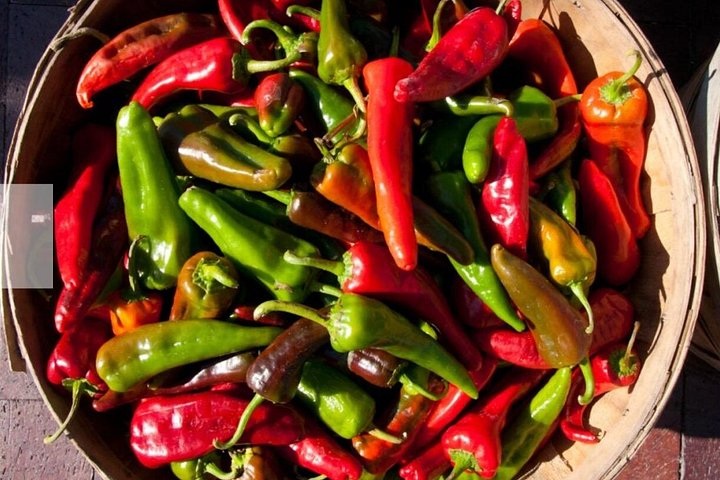Basket of red and green chiles pictured on Wander New Mexico’s lunch-tour listing