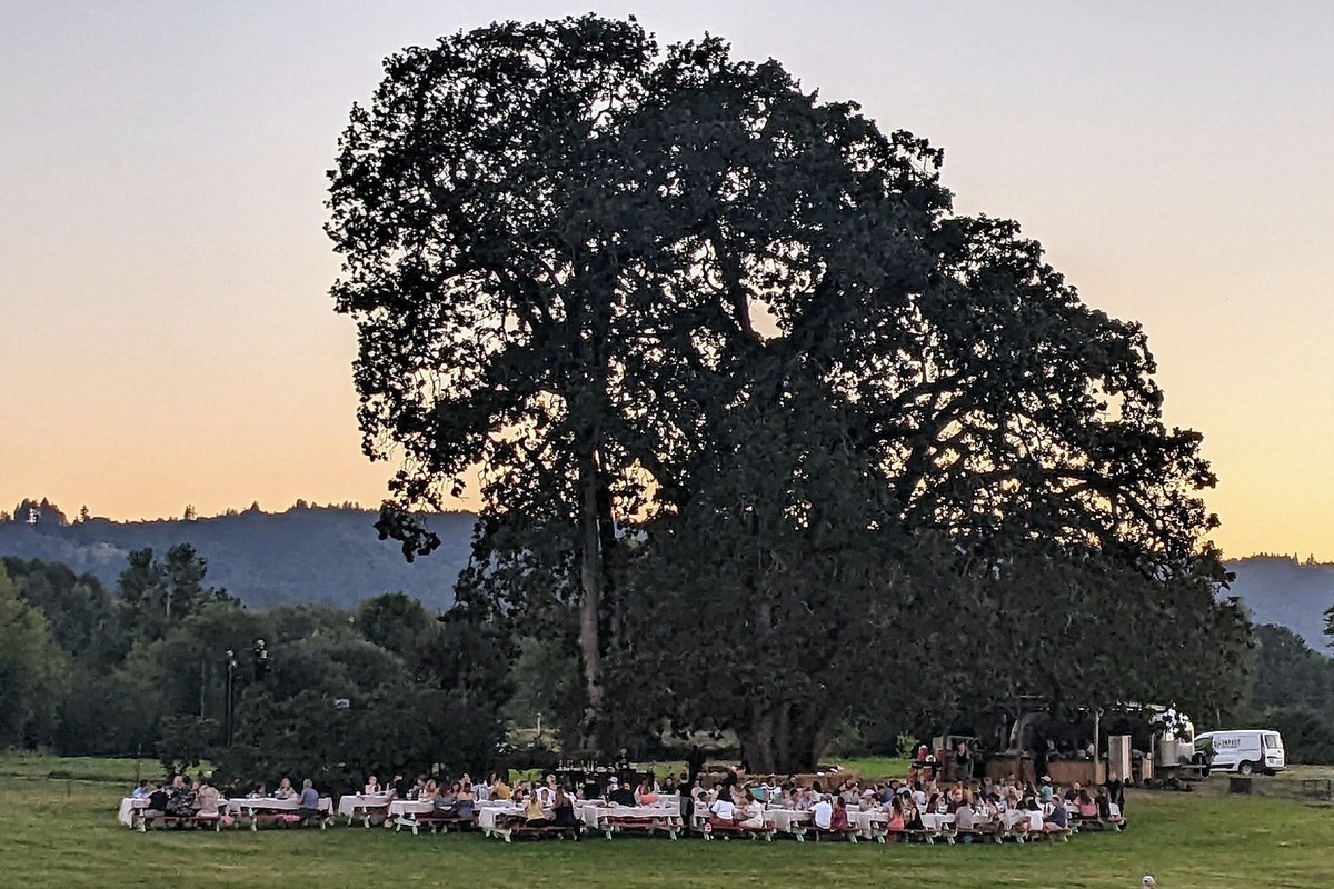Farm dinner beneath the oak tree at Topaz Farm, photographed in 2022