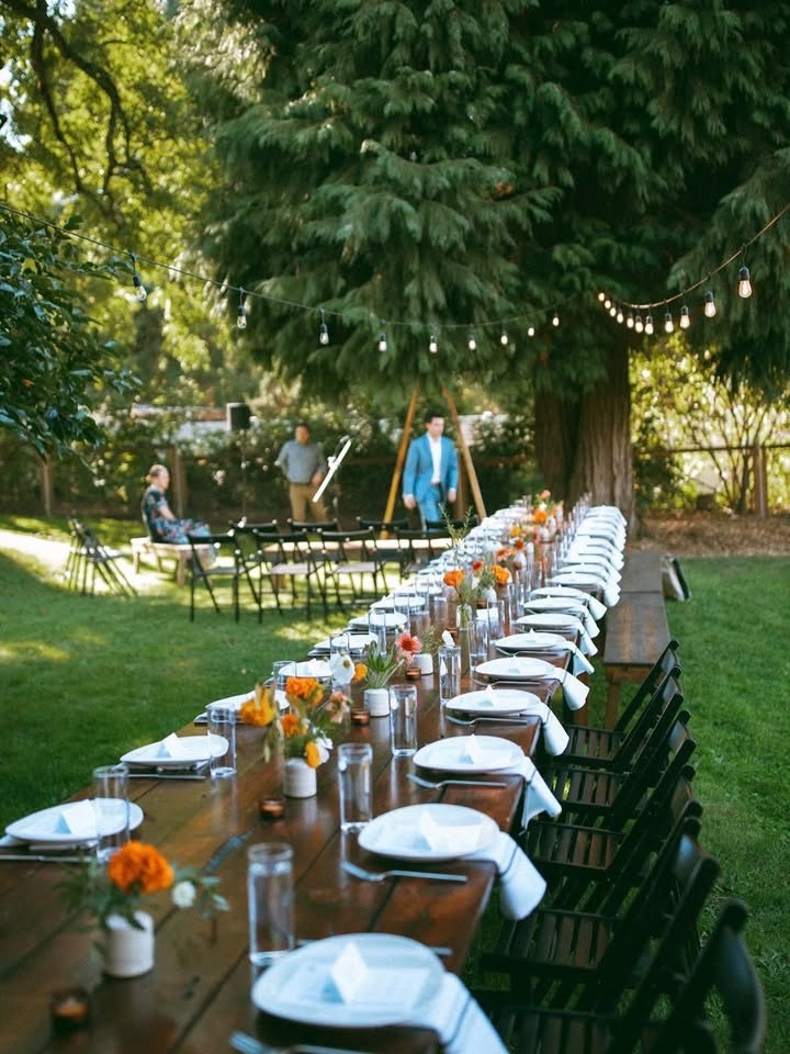 An outdoor dining table at The Side Yard Farm in Portland