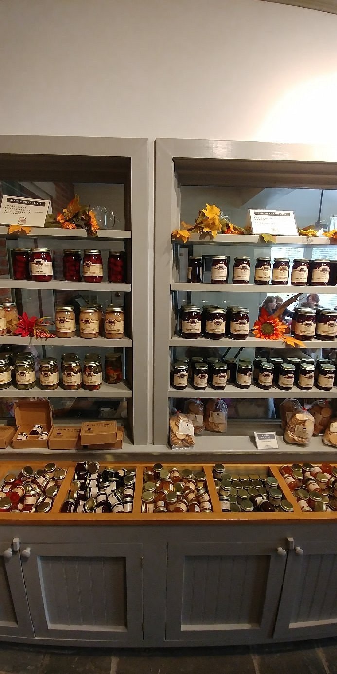 Jarred products displayed inside Kitchen Kettle’s Jam & Relish Kitchen