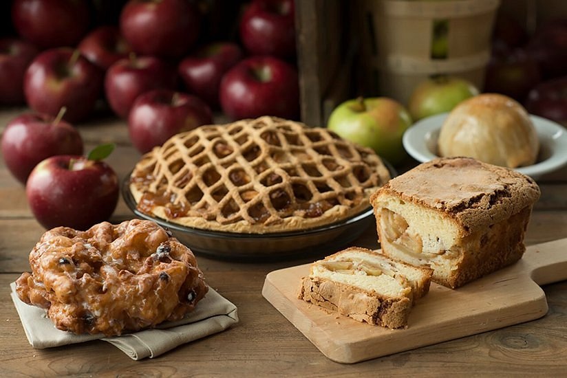 Apple pastries at Bird-in-Hand Bakery & Cafe, with a pastry-wrapped apple at the back right
