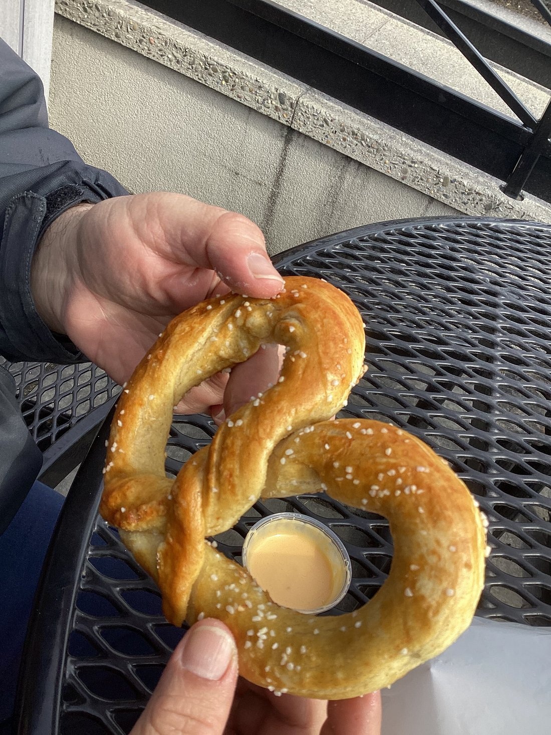 Regular soft pretzel with cheese dip at Immergut in Intercourse