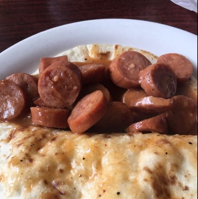 Sausage and egg breakfast plate at Pete’s Tako House