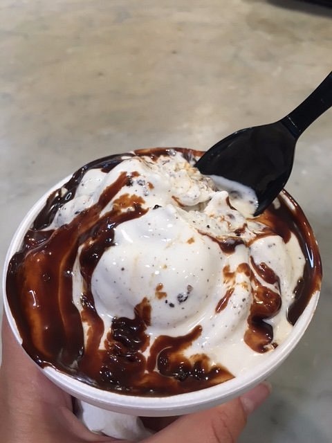 Ice cream with hot fudge at Bassetts in Reading Terminal Market