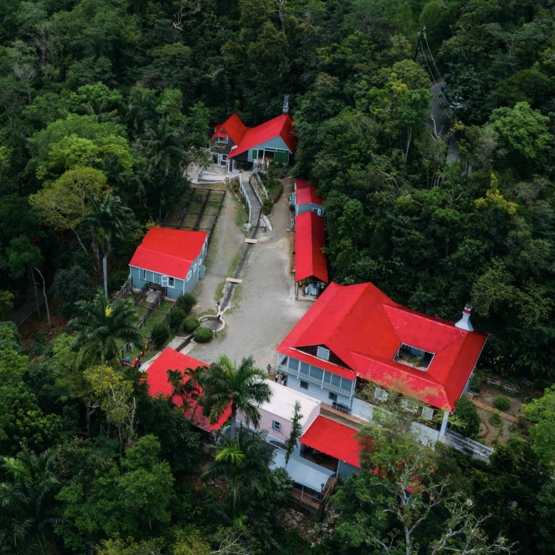 Red-roofed historic buildings at Hacienda Buena Vista in Ponce