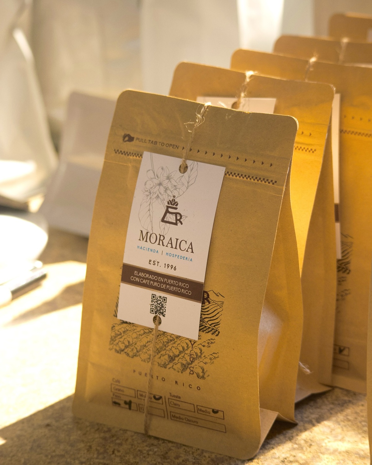 Bags of coffee grown and processed at Hacienda Moraica in Orocovis