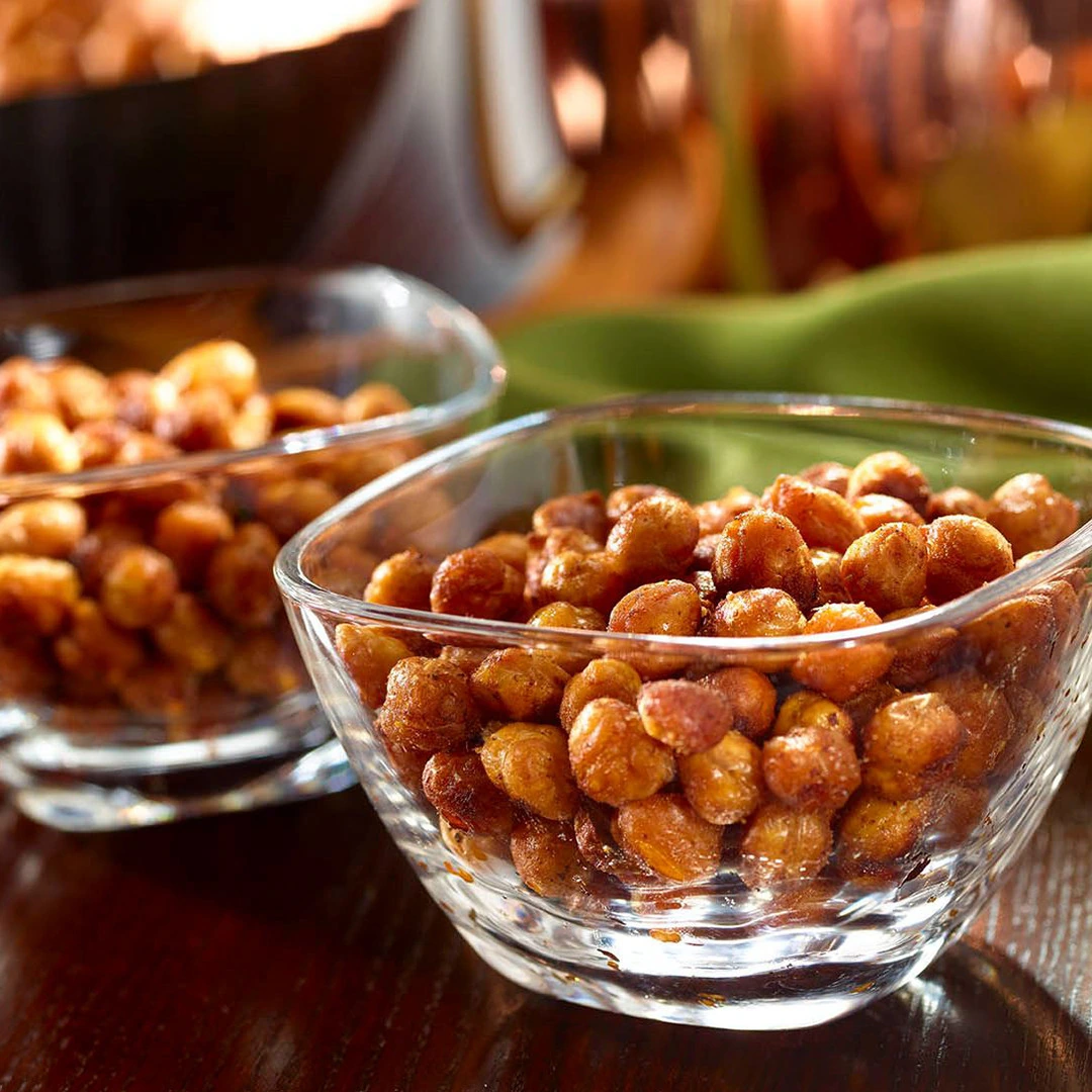 Crunchy roasted chickpeas served in small glass bowls