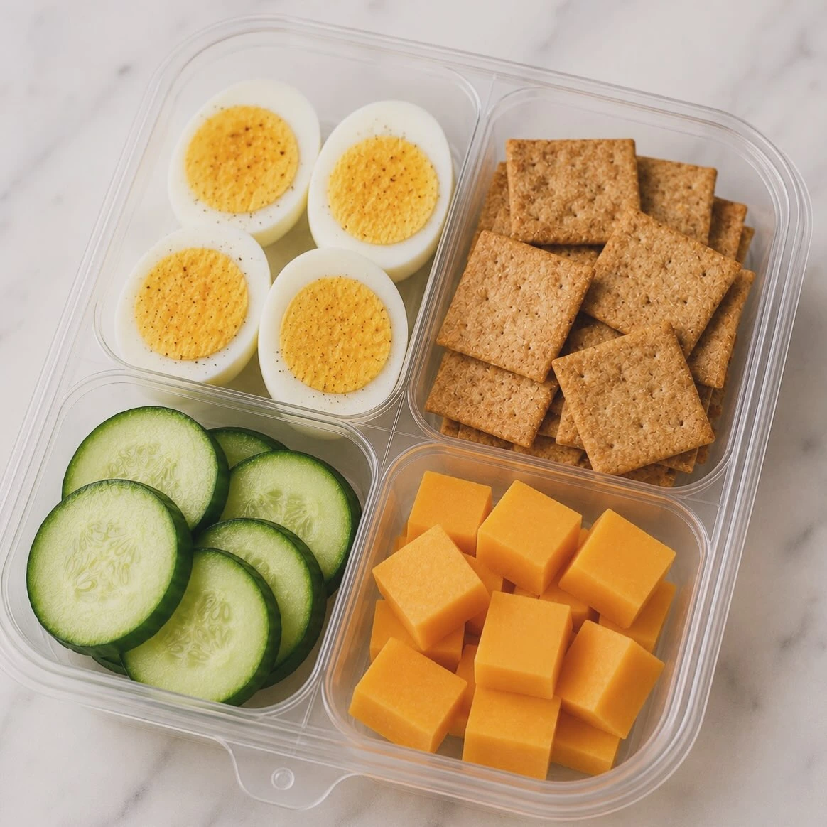 Snack box with hard-boiled eggs, whole-grain crackers, cucumber slices and cheese