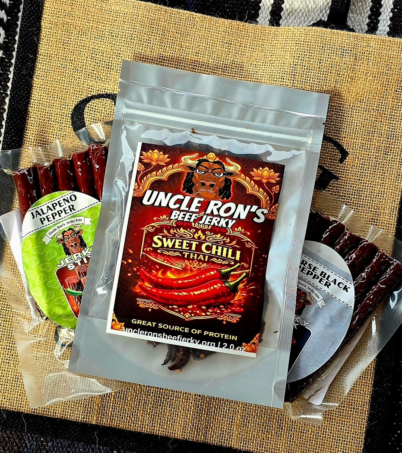 Packaged beef jerky and snack sticks ready for travel