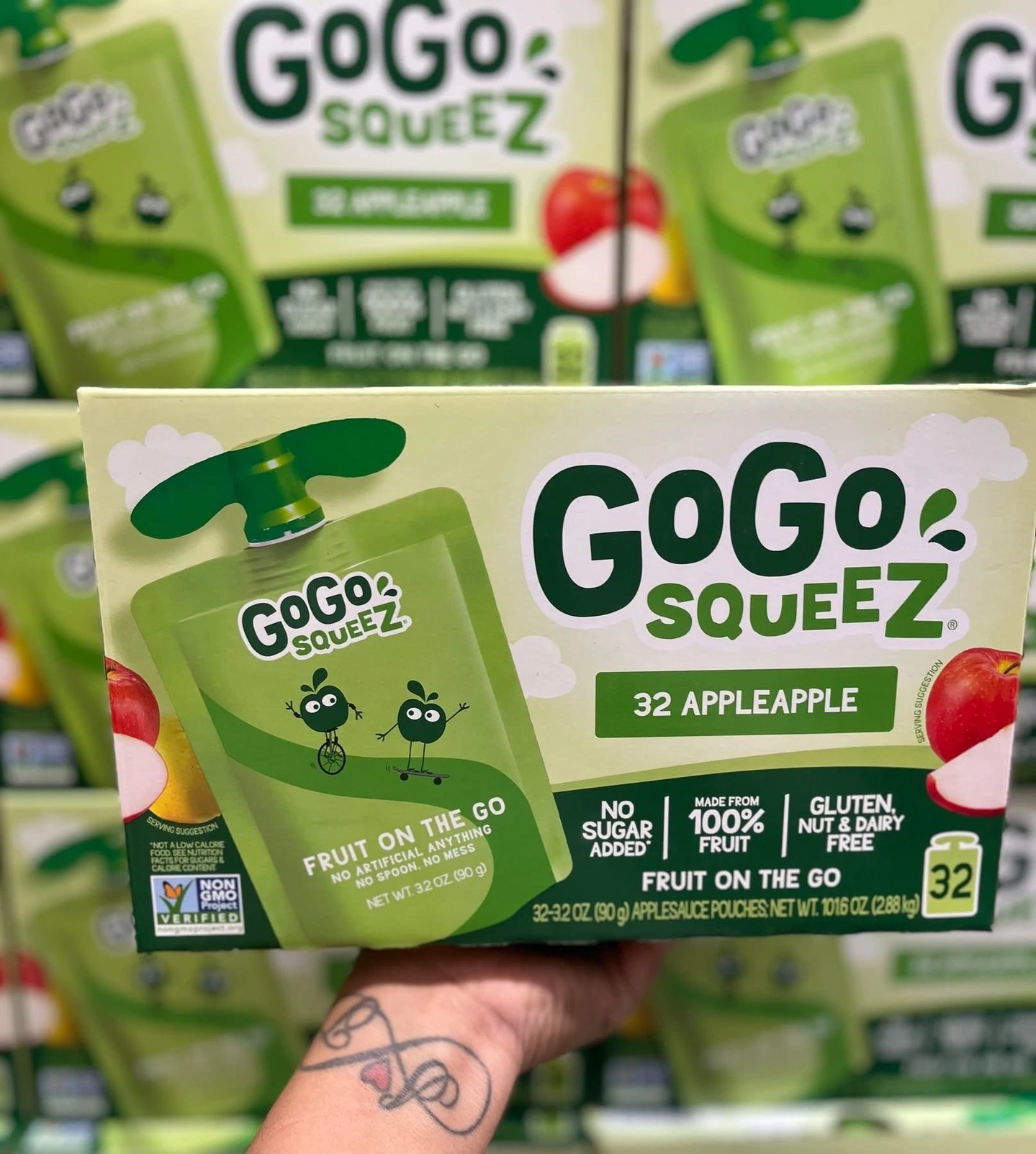No-sugar-added apple applesauce pouches in a clearly labeled package