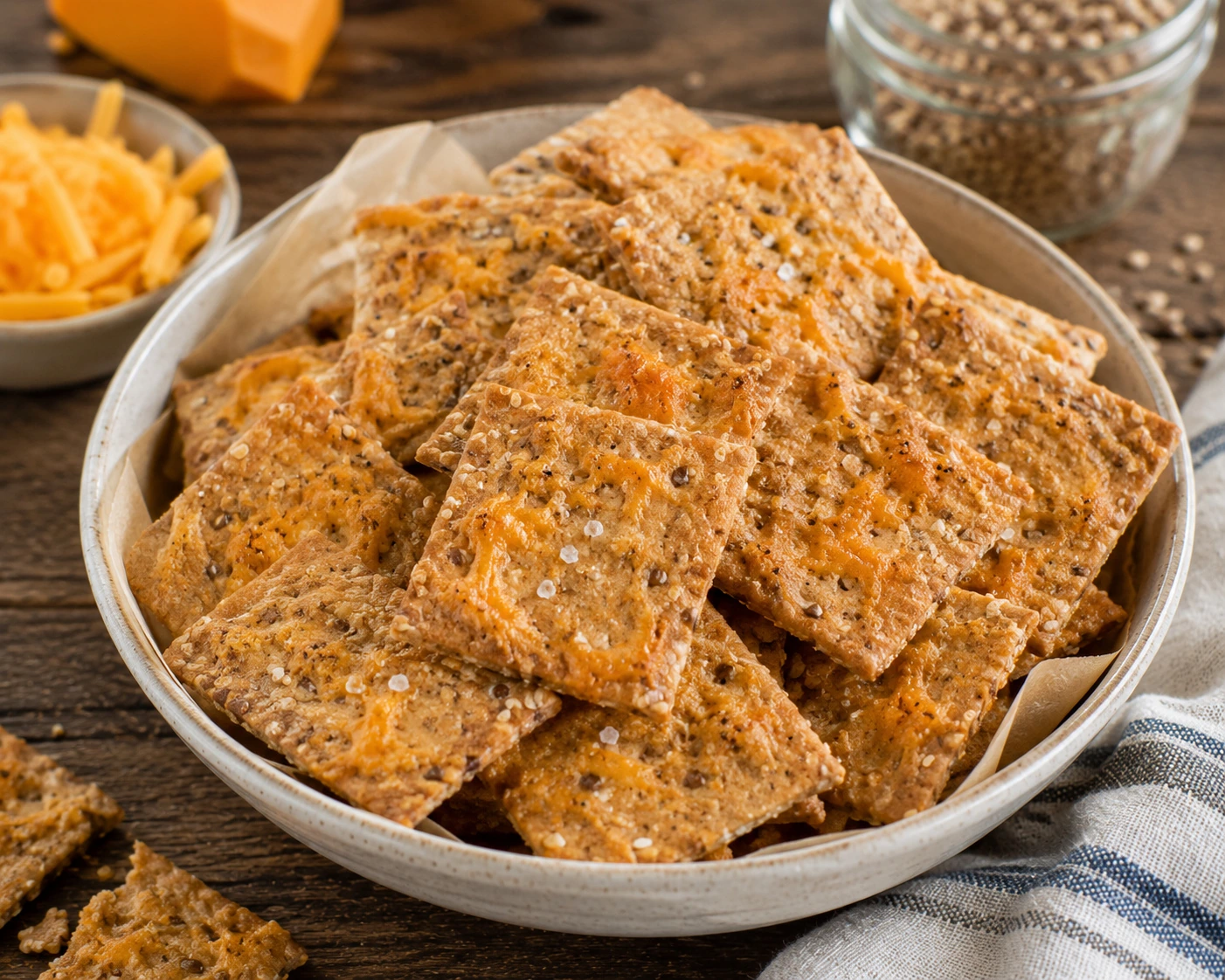 Whole-wheat cheddar crackers in a shallow serving bowl