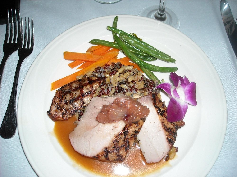 A pork entrée served on Café Lafayette Dinner Train; seasonal menus change