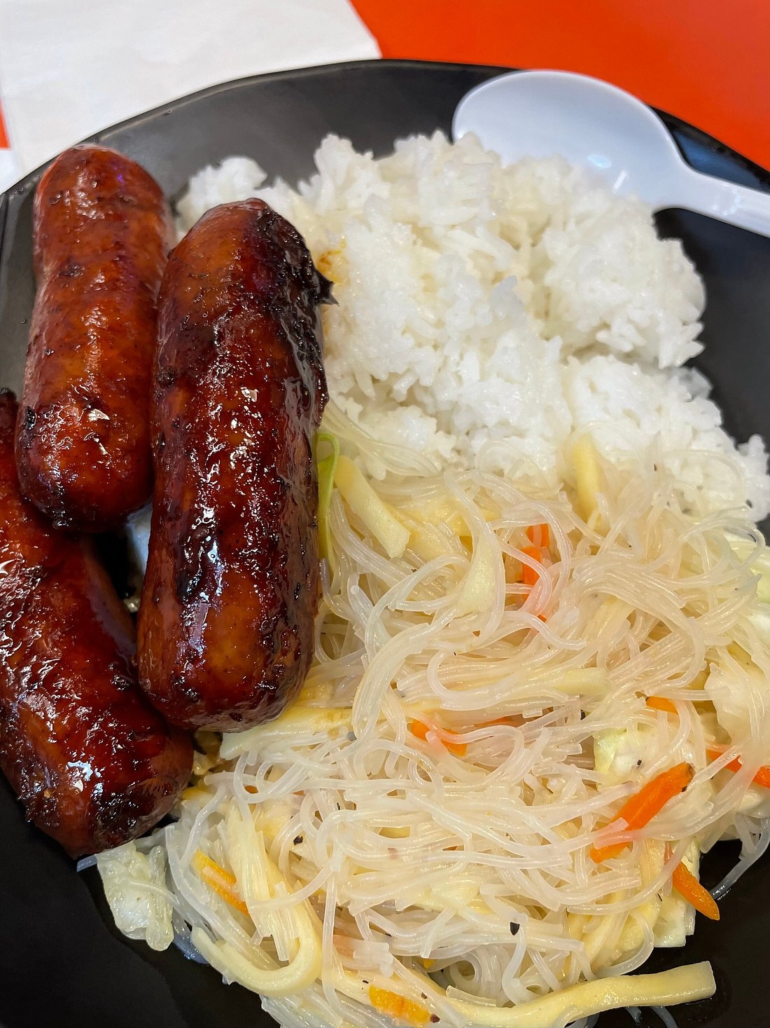 Rice, pancit and longanisa at Oriental Mart’s lunch counter