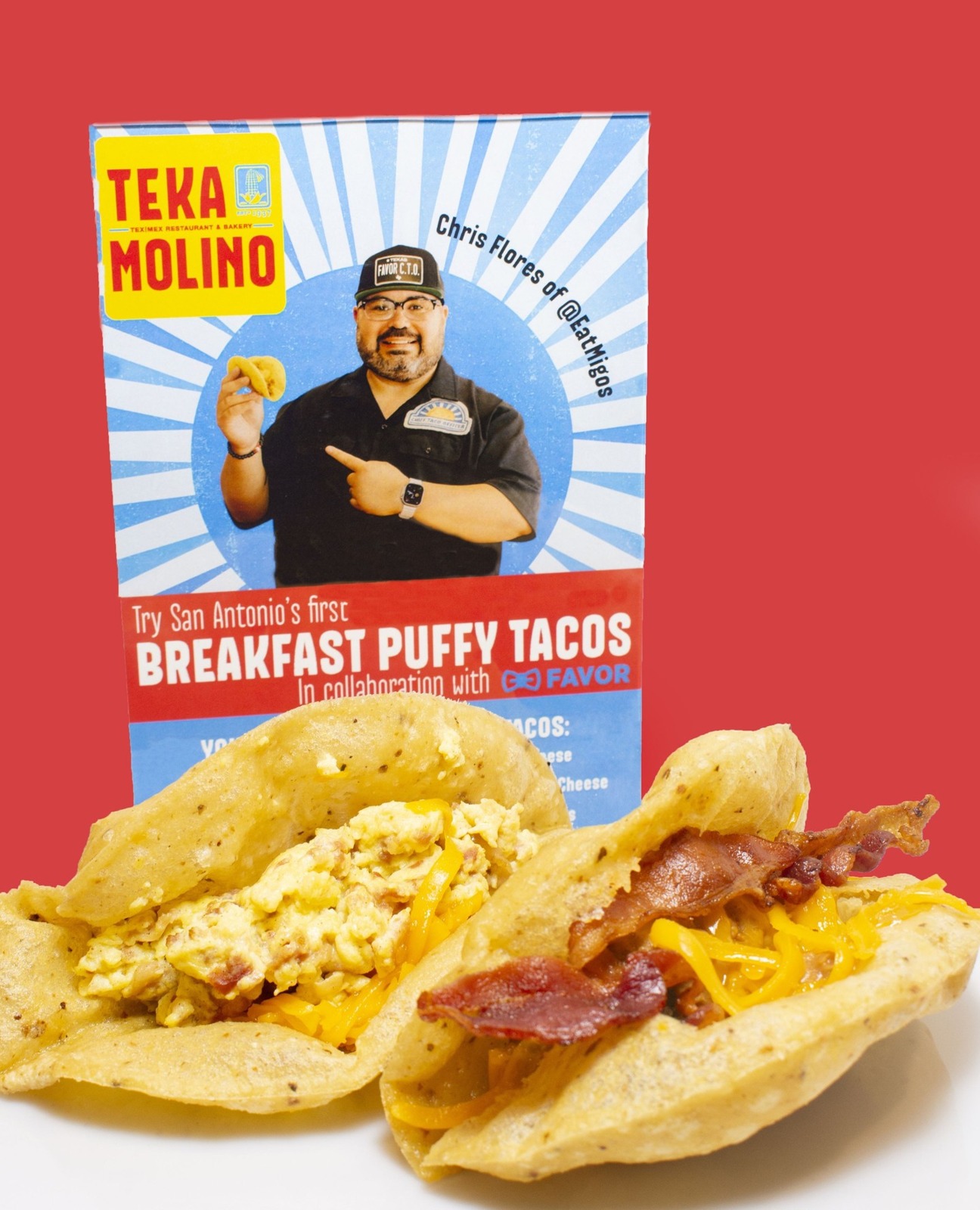 Breakfast puffy tacos with egg, cheese and bacon at Teka Molino