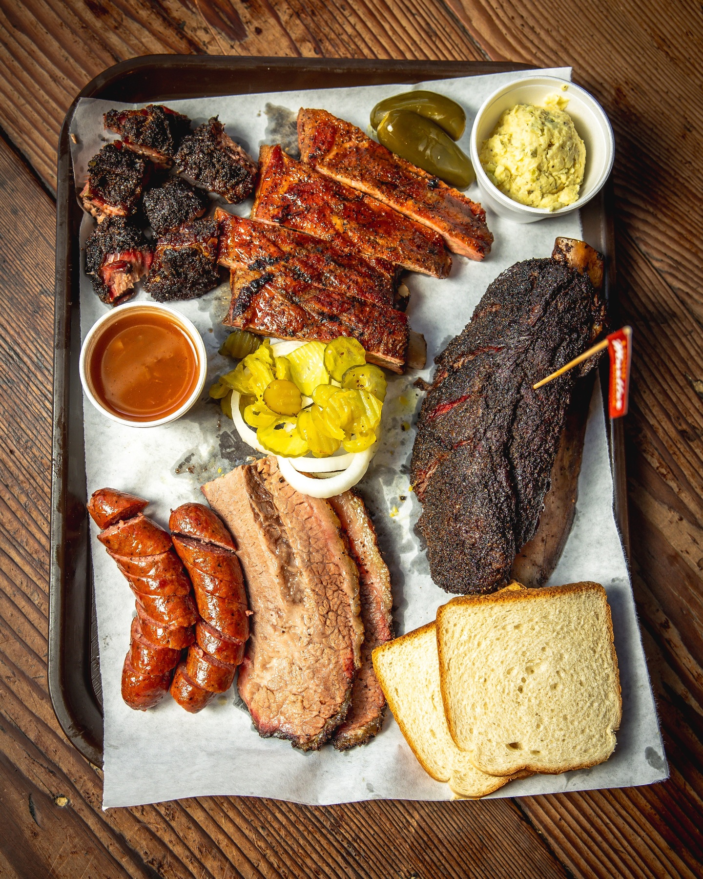 A mixed barbecue tray at Louie Mueller in Taylor