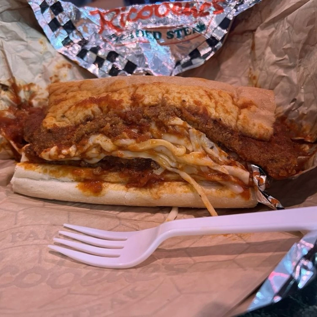 Breaded steak sandwich with melted cheese and tomato sauce at Ricobene’s