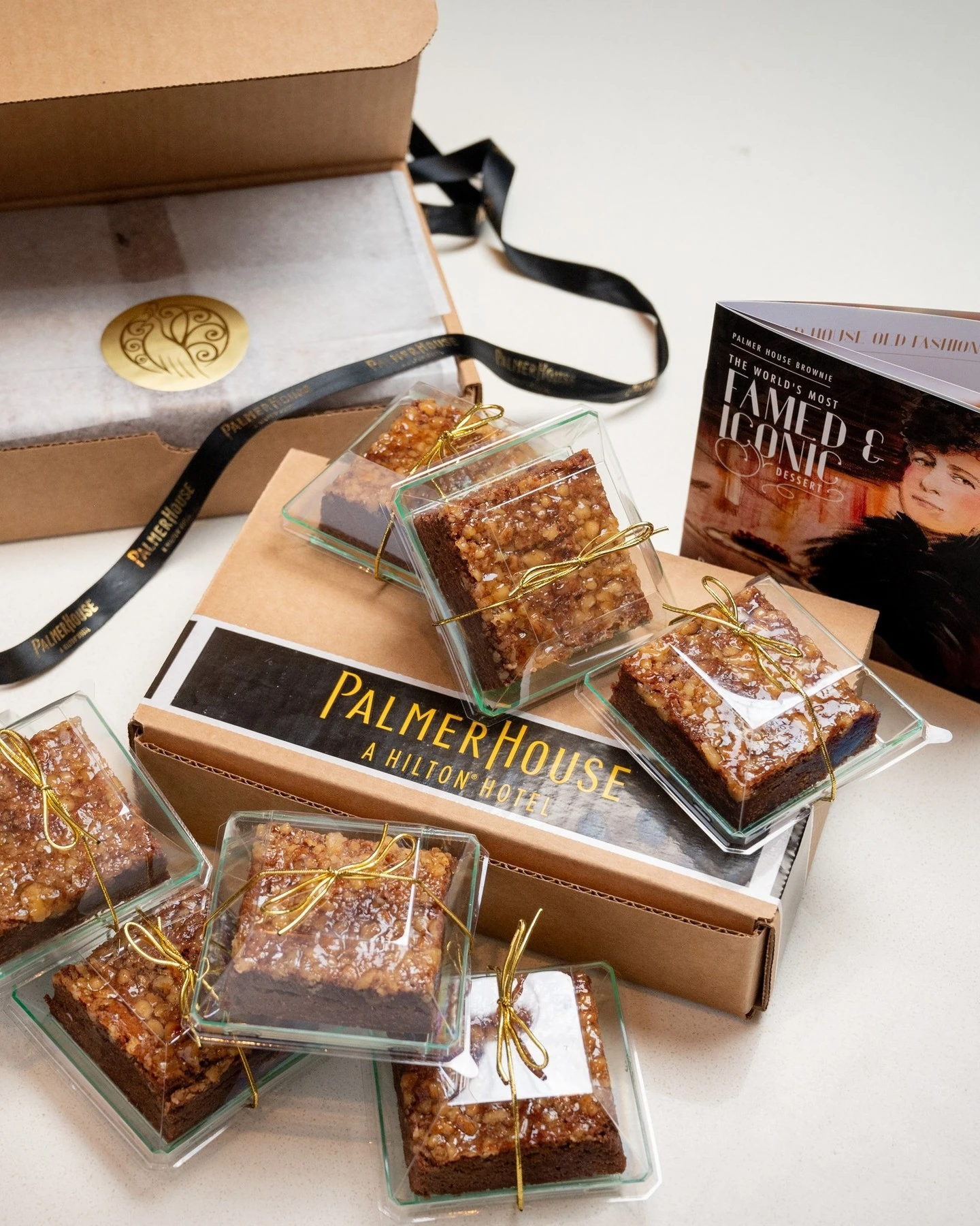 Individually packaged original Palmer House brownies topped with walnuts
