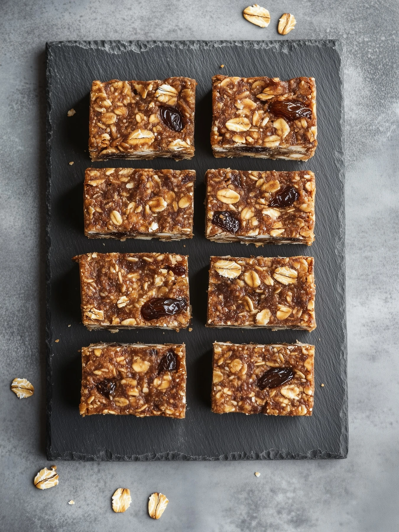 Oat, walnut and date snack bars on a slate board