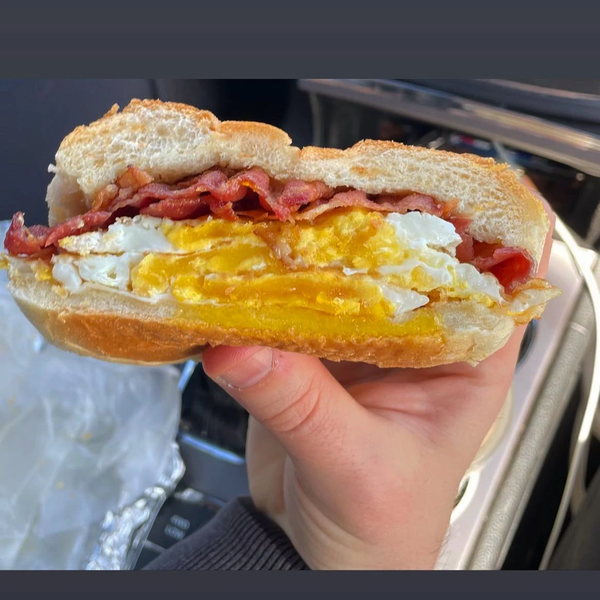 Bacon, egg and melted cheese on a roll from Lifetime Deli in Bayside, Queens