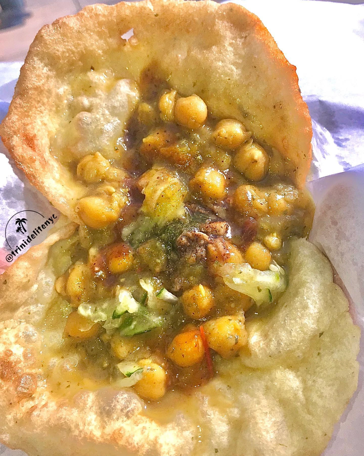 Trinidadian doubles with curried chickpeas from Trini Delite in Queens