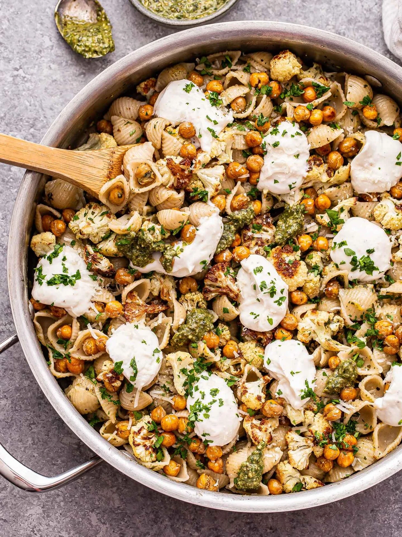 Pesto pasta with chickpeas, roasted cauliflower and ricotta