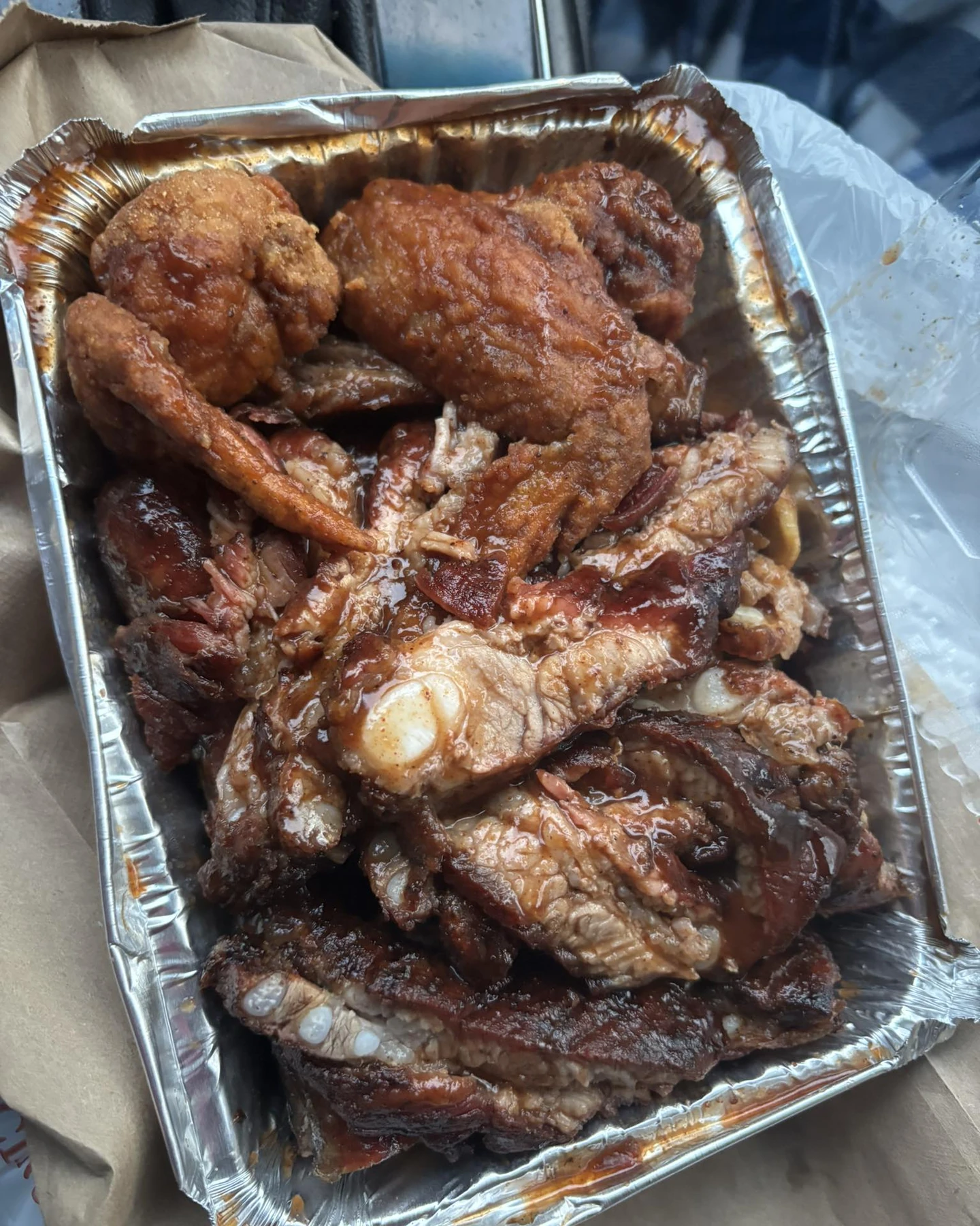 Lem’s barbecue platter with rib tips, ribs, and fried chicken
