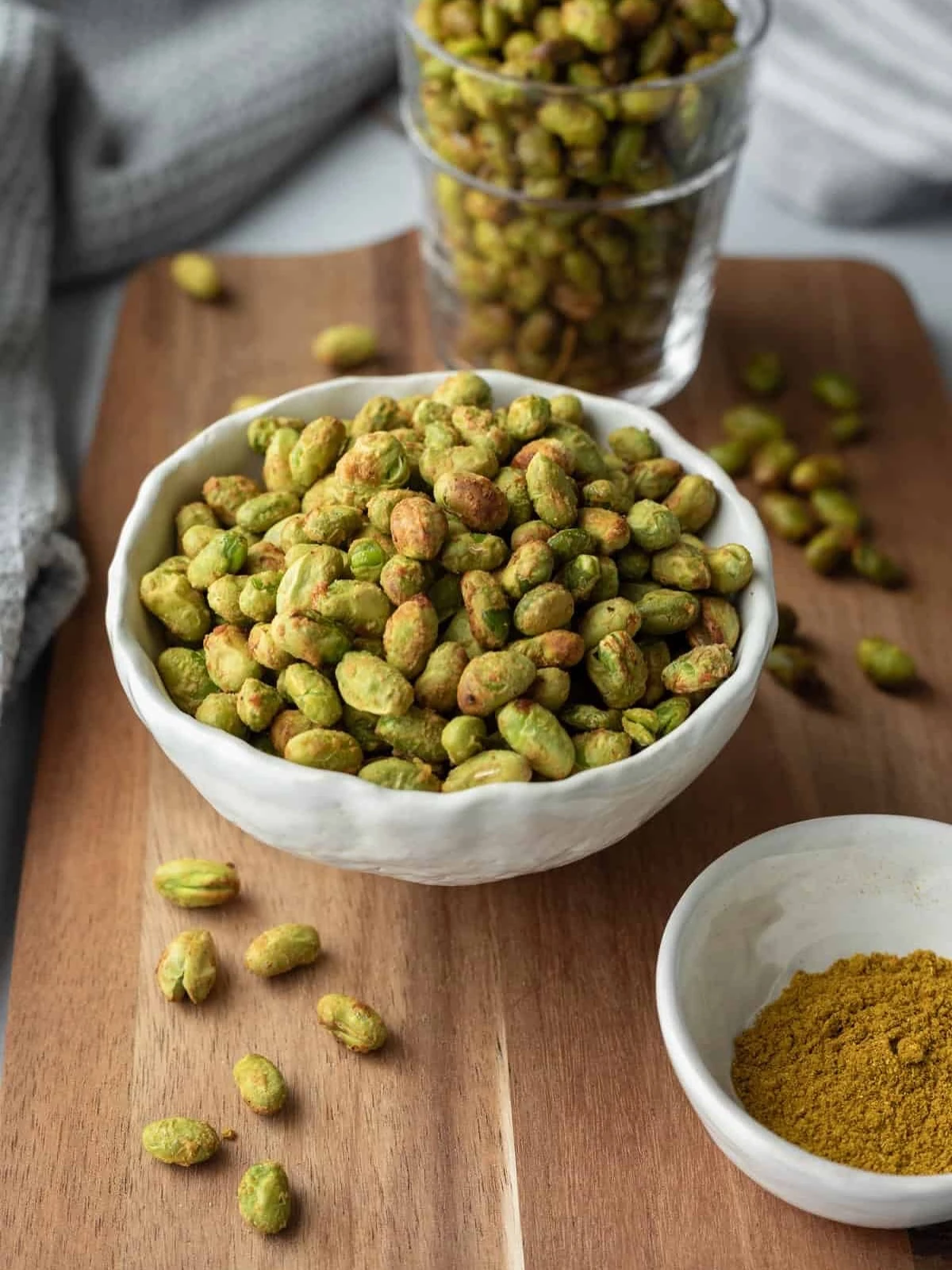 Roasted shelled edamame in a snack bowl